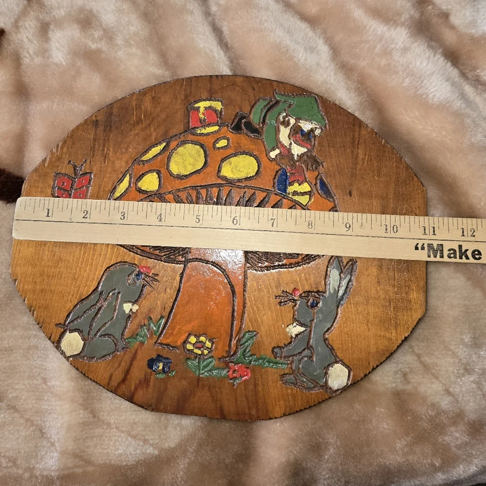 Vintage Hand Made Wooden Plaque with Mushroom and Animals Design - Picture 6 of 10